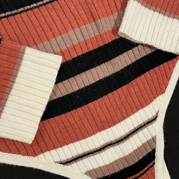 ~ Bodysuit XL Thong Stripe Knit* Mock Turtleneck Long Sleeve Snaps Brown Cream - Picture 2 of 13